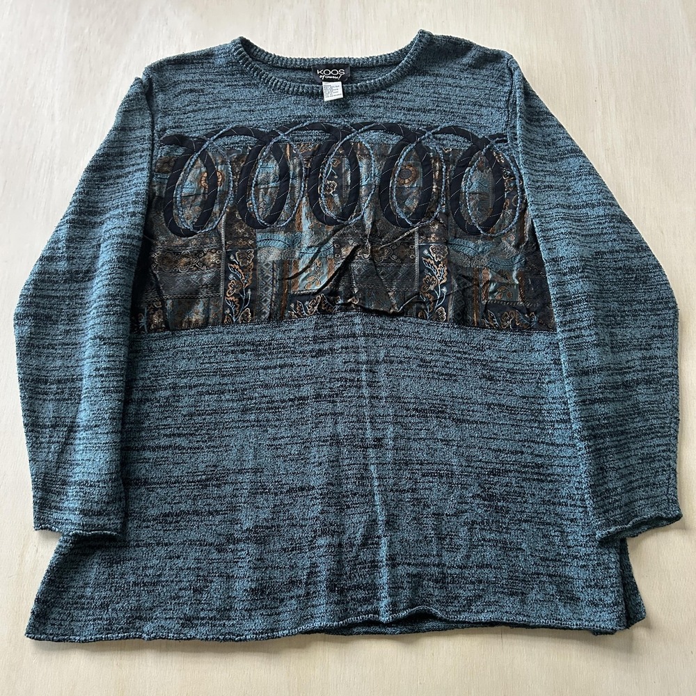 Vintage KOOS Of Course! Sweater Womens 2X Green Silk Quilted Applique Knit Panel